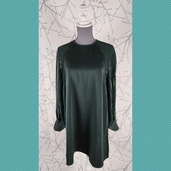 Womance Atelier Forest Green Sheer Striped Sleeve Dress - Picture 1 of 4